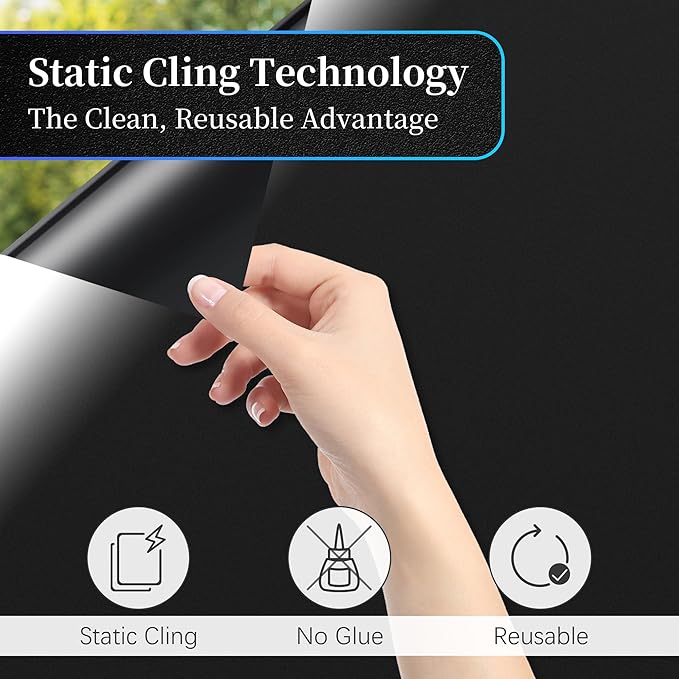 Finnez Blackout Window Privacy Film 100% Light Blocking UV Protection, Removable Static Cling Non-Adhesive Frosted Window Tint for Home Nursery Office Rental Elderly Pet Family