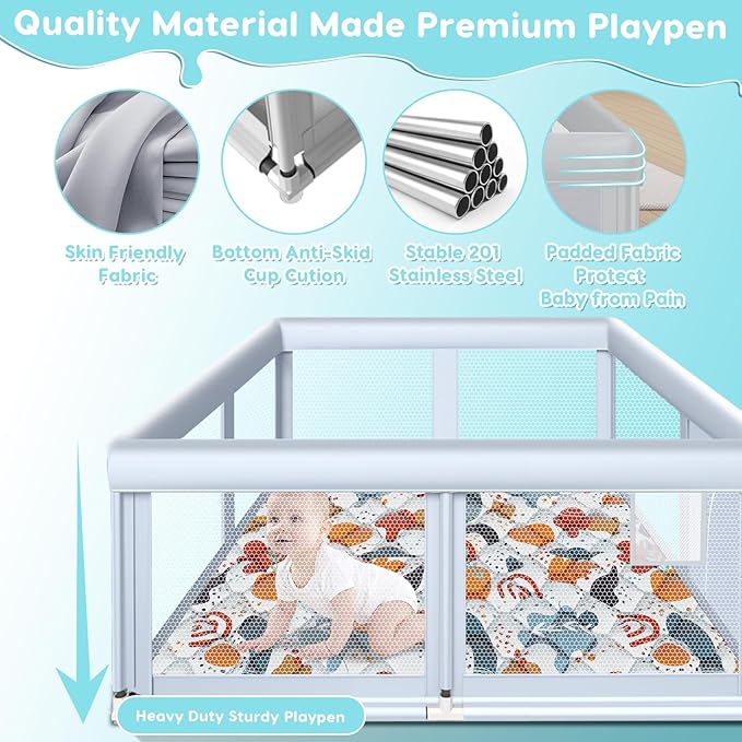 Fshibila 65" ×50" Large Baby Playpen with Mat, Baby Playard for Babies and Toddlers, Play Pens for Indoor & Outdoor, Sturdy Safety Play Yard with Soft Breathable Mesh, Anti-Fall, Grey