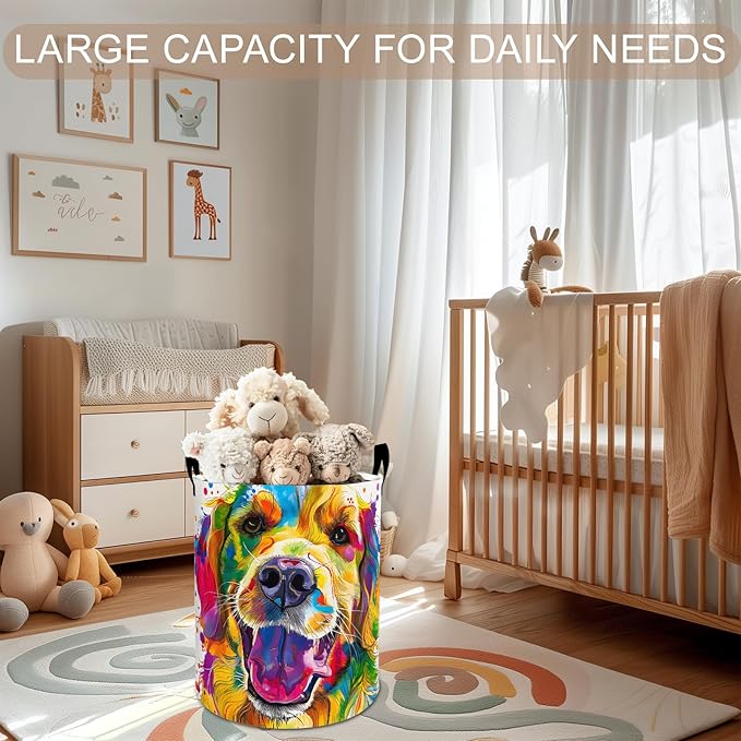 Golden Retriever Laundry Basket Hamper 19.7"x15.8", Dog Foldable Waterproof Oxford Clothes Storage Bucket for Room Bathroom Bedroom Nursery Decor, Toy Organizer Bins Gifts for Kids Boys Girls