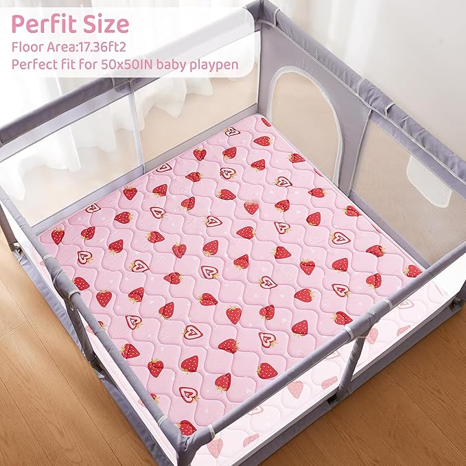 Viviland Baby Play Mats for Floor, Thicken Cushioning Padding Foam Playmate for Baby and Toddlers Infants, 50" x 50" Playpen Mat, Non-Slip & Machine Washable - Pink Strawberry
