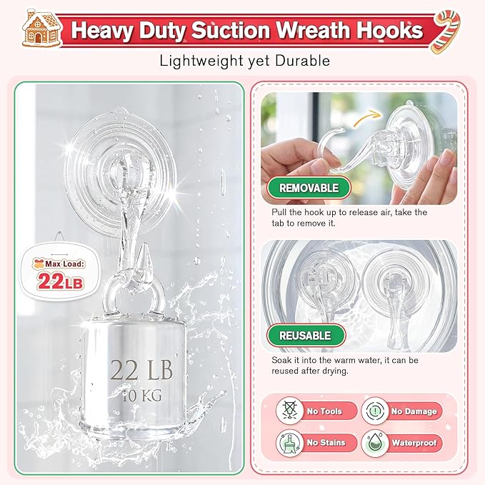 VIS'V Wreath Hanger, Large Suction Cup Wreath Hooks with Wipes, Heavy Duty, 22 LB Capacity, Removable and Reusable, Clear, 2 Pcs