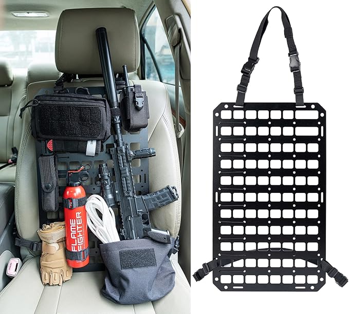 TACNEX Rigid MOLLE Panel for Vehicle Seat Back Organizer Aluminum Alloy Plate for Auto Modular Storage Patrol Car Tactical Gear EDC Pouch Holder Holster Bag Rack Mount Platform