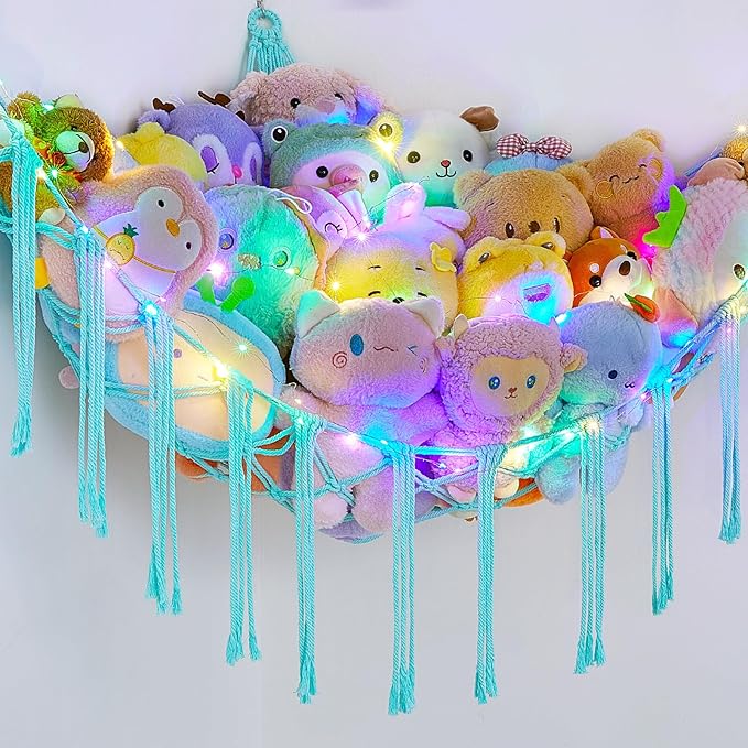 Basumee Stuffed Animals Net or Hammock with LED Light, Hanging Stuffed Animals Storage Toy Hammock Net Corner Wall Girls Room Decor Toy Storage Organizer, Light Aqua Green, L