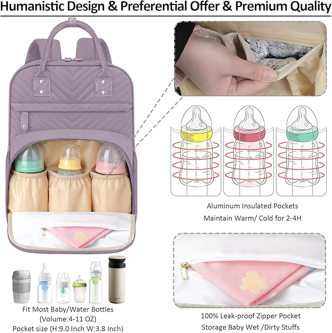 Diaper Bag Backpack for Women Large Capacity with Insulated Pockets Multifunctional Diaper Bags For Baby Girl Boy Waterproof Baby Bags For Mama Maternity Travel Bag Purple