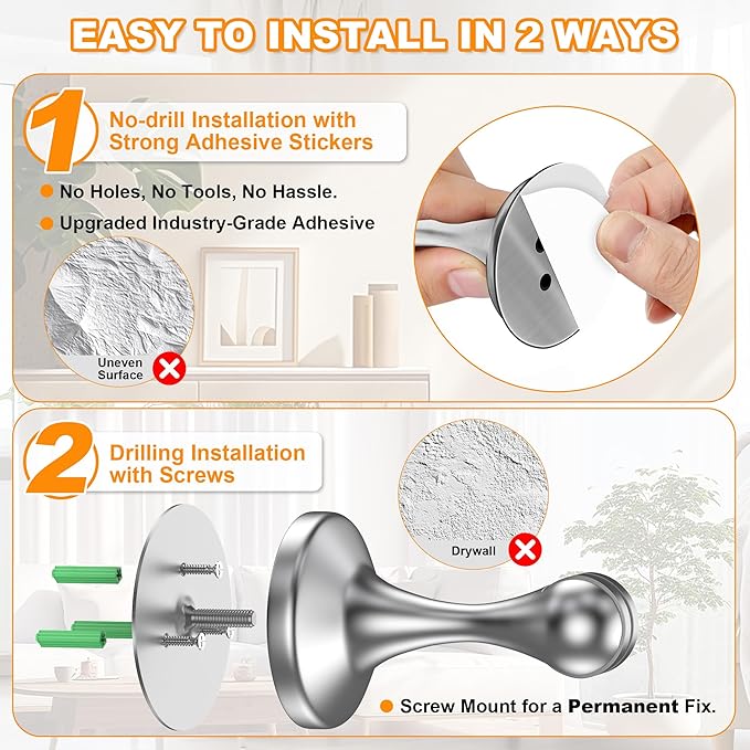 Crosize Magnetic Door Stoppers 1 Pack, Stainless Steel Door Stops for Wall and Floor Mounting, Door Holder Keep Door Open, No Drilling Door Stop with Adhesive Tapes, Silver