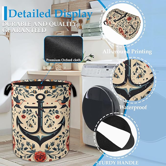 Anchor Flowers Laundry Hamper Collapsible Laundry Basket Portable Clothes Toy Storage Bin for Bathroom Bedroom Room Decor 16 X 20.8 Inch
