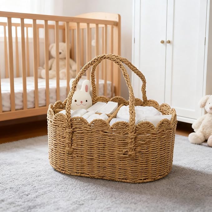 Diaper Caddy Organizer, Paper Rope Storage Baskets Nursery Bin with Removable Divider, Portable Car Organizer for Diapers, Baby Shower Gifts, Newborn Essentials Must Haves