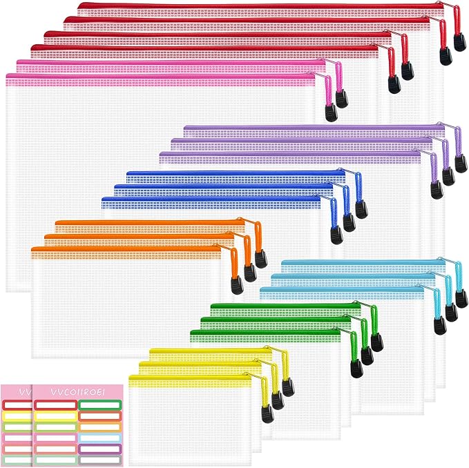 VVCOIIROEI 24pcs Mesh Waterproof Pouch Bags, 9 Sizes Clear Pouches, Organizer Bags With Zipper, 8 Colors for Travel & Toy Storage