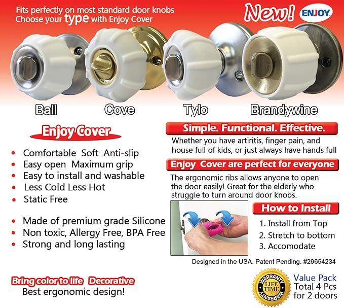 Enjoy Cover New Door Knob Cover Grips Non Slip Arthritis & Senior Living Aids Grippy Easy Open Decorative. Simple Functional Effective Solution- 4 Pack (White, Brandywine)