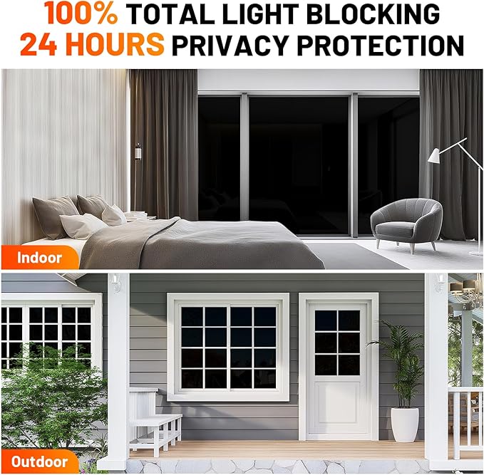 Privacy Window Film Total Blackout Cover, 100% Light Blocking Window Tint Static Cling Sun Blocking Heat Control, Anti UV Scratch Resistant for Home Office (Black, 24in x 6.5ft)