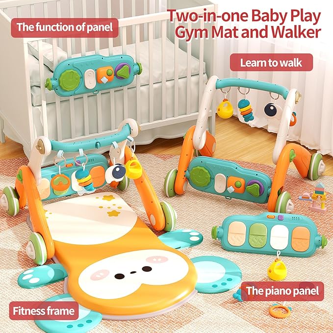 Jovow 2 in 1 Baby Gym with Walker,Baby Play Mat with 5 Infant Learning Sensory,Double-Sided Multifunctional Removable Play Piano Panel,Sit-to-Stand Learning Walker for 0-24 Months Boy Girl [Orange]