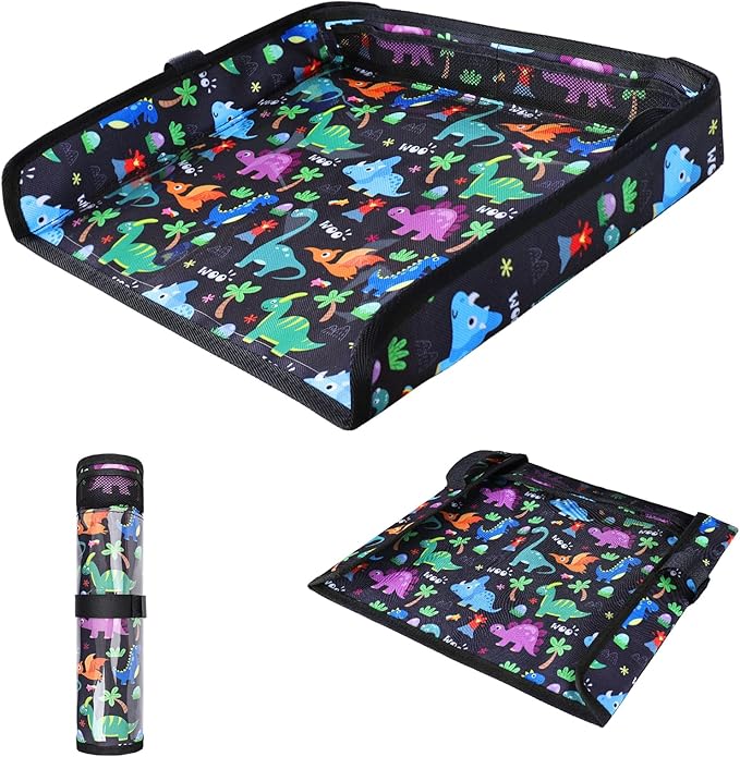 COOLBEBE Airplane Tray Table Cover, Foldable Travel Tray Cover for Toddlers 1-3, Universal Fit for Airplane, Car Seat, High Chair, Machine Washable, Portable, Black Dinosaur