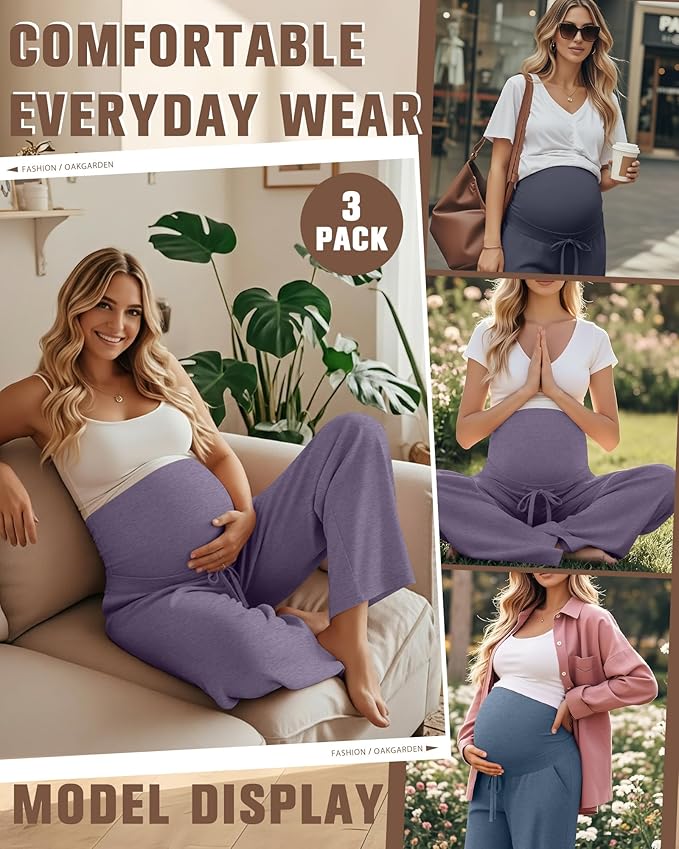 3 Pcs Maternity Sweatpants Over The Belly Pregnancy Straight Wide Leg Elastic Drawstring Pants Joggers with Pockets