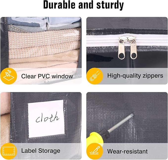 YGEOMER 6 Pack Heavy Duty Blanket Storage Bags Clothes Storage Foldable Closet Organizers Containers with Reinforced Handle for Clothing, Blanket, Comforters, Bed Sheets, Pillows and Toys, Grey 60L