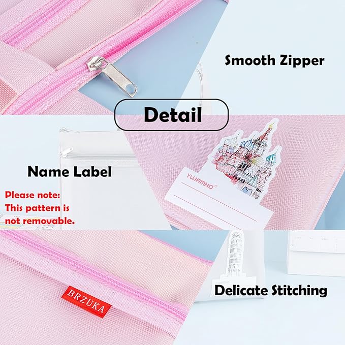 BRZUKA Mesh Zipper Pouch 11x13.7 in, A4 Double Pocket Waterproof File Bag with Handle, Document Storage for School/Travel/Office/Cross Stitch/Puzzle (Pink)
