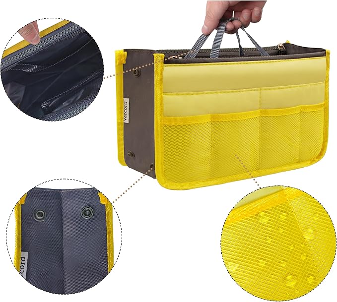 Vercord Purse Organizer Insert for Handbags Bag Organizers Inside Tote Pocketbook Women Nurse Nylon 13 Pockets Yellow Small