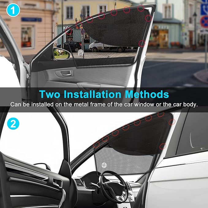 DIZA100 Front Window Sun Shade, 2 Pack Half Blackout & Half See-Through Magnetic Car Side Window Sunshades with Fixed Suction Cup, Car Window Curtain UV Protection for Driver