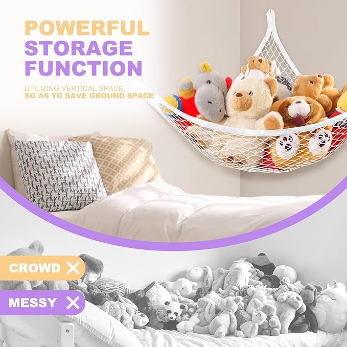 Lazebox Stuffed Animal Net Hammock for Plushie Toys, Stuffed Animal Hammock Corner for Kids' Room Decor, Ideas for Organizing Stuffy Collection, White, XL (82.6" x 43" x 43")-Pack of 1