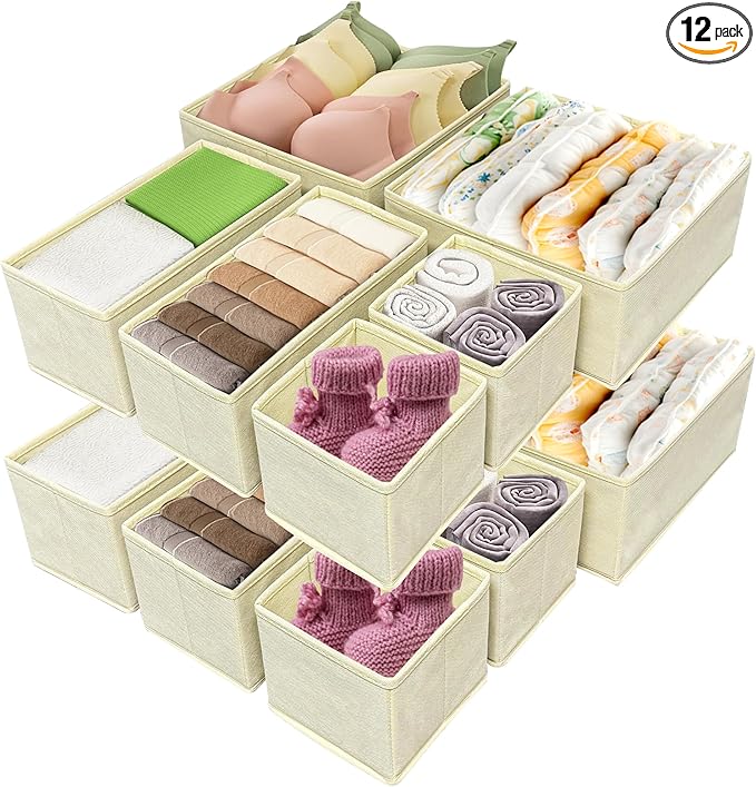 Clothes Organizer, Storage Drawer, 12 Piece Fabric Drawer Organizer Foldable Wardrobe Divider for Clothing, Underwear, Socks, Bra and Scarf, Home Storage Box in Drawers and Closet