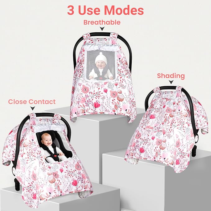 Car Seat Cover Baby, Carseat Covers Baby with 2 Layers Breathable Zipper Windows, Windproof Infant Car Seat Cover, Kick-Proof Baby Carrier Cover for Baby Girl Newborn Essentials