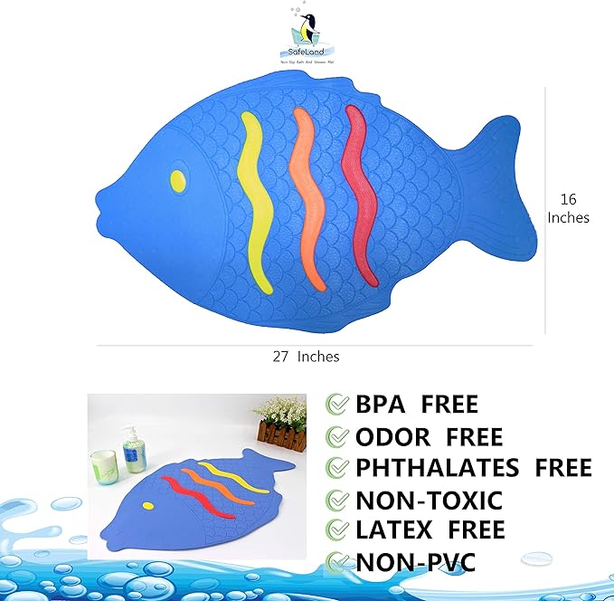 SafeLand Patented Non-Slip Bath, Tub, Baby Mat, TPR Material, Eco-Friendly, Non-PVC, Color Combo, Machine Washable, No-Odor, with Powerful Gripping Suction Cups, Rainbow Fish (16"x27")