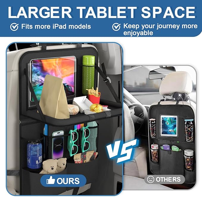 2 Pack Backseat Car Organizer with Tray, 11 Pocket Car Storage with Tablet Holder & Detachable Top for Steering Wheel, Road Trip Essentials Travel, Protector Kick Mats for Kids