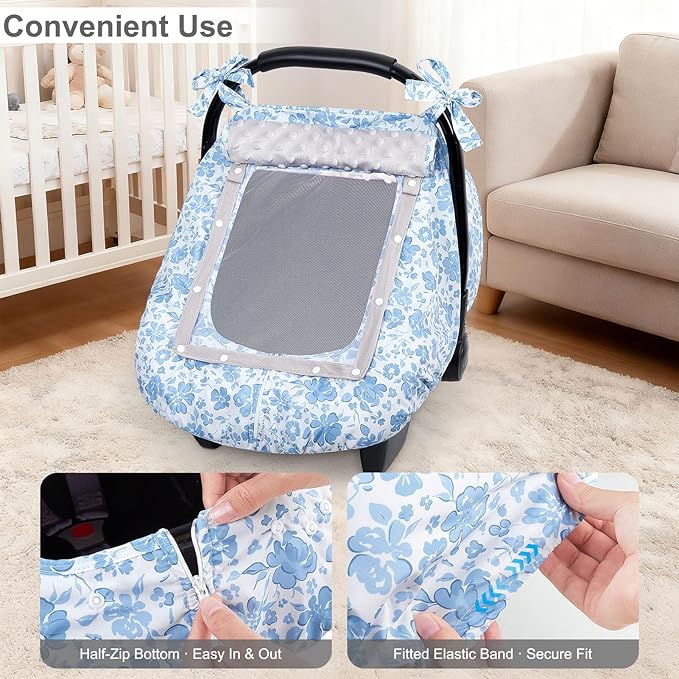 FIOBEE Baby Car Seat Cover, Car Seat Covers for Babies Infant Car Seat Canopy with Breathable Mesh Window Waterproof Carseat Cover for Babies Boy Girl 4 Seasons, Ice Blue Floral