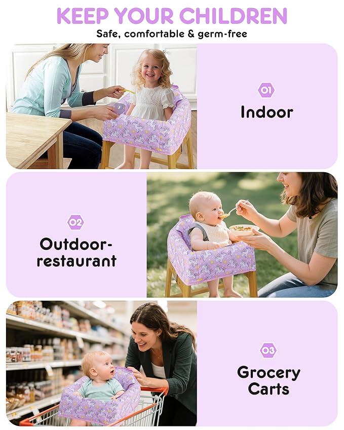 High Chair Cover Portable with 3-Point Harness, Waterproof Baby Seat Cover for Restaurant Travel Home Use, Machine Washable, Fits Wooden Chairs (Purple Unicorn)