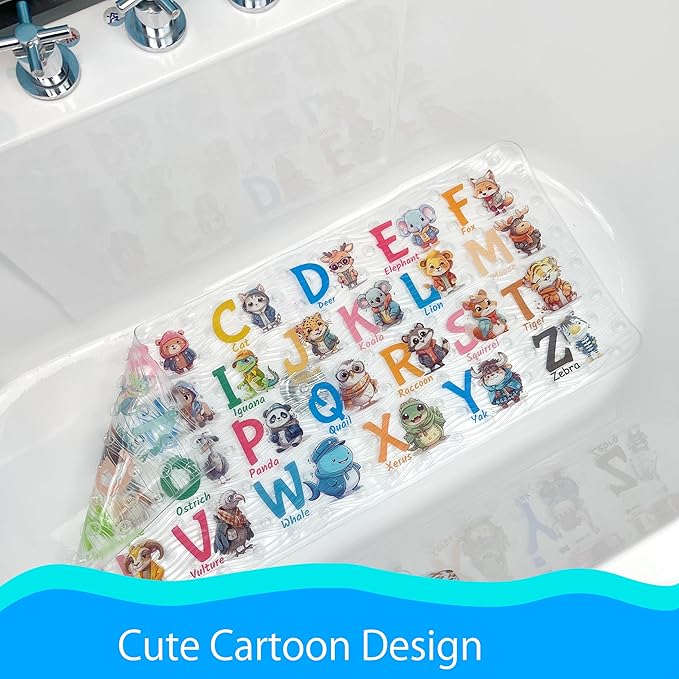BEEHOMEE Bath Mats for Tub Kids,Baby Toddler - Large Cartoon Non-Slip Bathroom Bathtub Anti-Slip Shower Mats for Floor 35x15,Machine Washable XL Size Bathroom Mats (Cute Animals)
