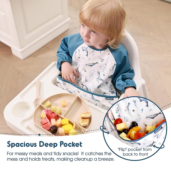 GRSSDER 2 Pack Long Sleeve Baby Feeding Bibs, Soft Waterproof Coverall Baby Led Weaning Bib with Large Food Catcher Pocket