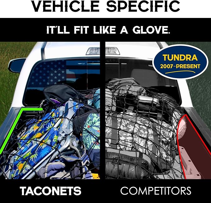 TacoNets Cargo Net for Toyota Tundra - Fits 2007-2025 - Patented Bed Rail Integration - Heavy Duty 8mm Premium Bungee 4'x6' Cargo Netting - Designed in USA
