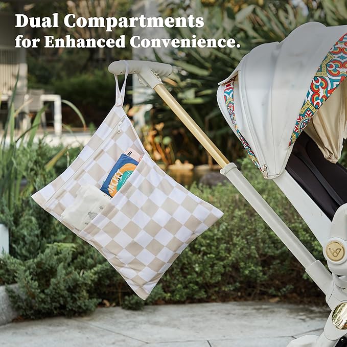 Ohocut Beige Khaki Checkered Waterproof Wet Dy Diaper Bag for Baby Essentials, Travel, Swimsuit, Beach Bag Accessories, Aesthetic Trendy Cute Toddler Baby Cloth Bag Pouch, Pack of 2