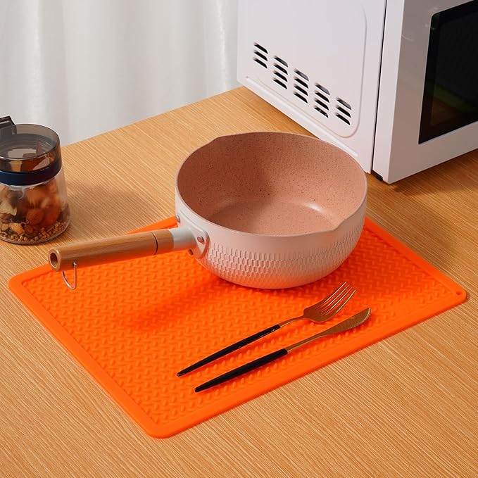 Silicone Drying Mat & Heat Resistant Mat for Kitchen Counter, Non-Slip Dishwasher Safe, Raised Edge for Dishes Bottles Sink (25.5x17.7in, Orange)