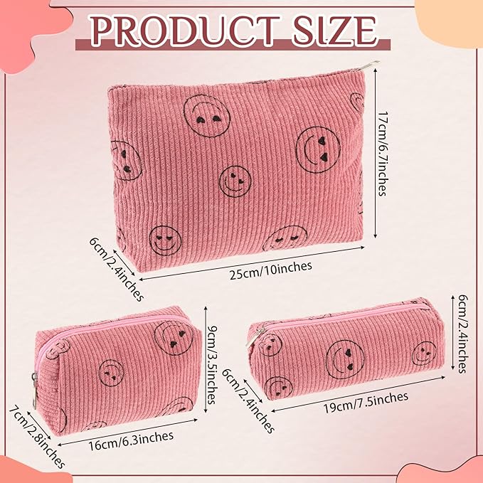 3 Pcs Makeup Bag Set for Women Corduroy Cosmetic Pouch Aesthetic Smile Travel Toiletry Bag Cute Purse Pouch Pencil Case Makeup Brushes Storage Organizer with Zipper(Pink,Smile Face)