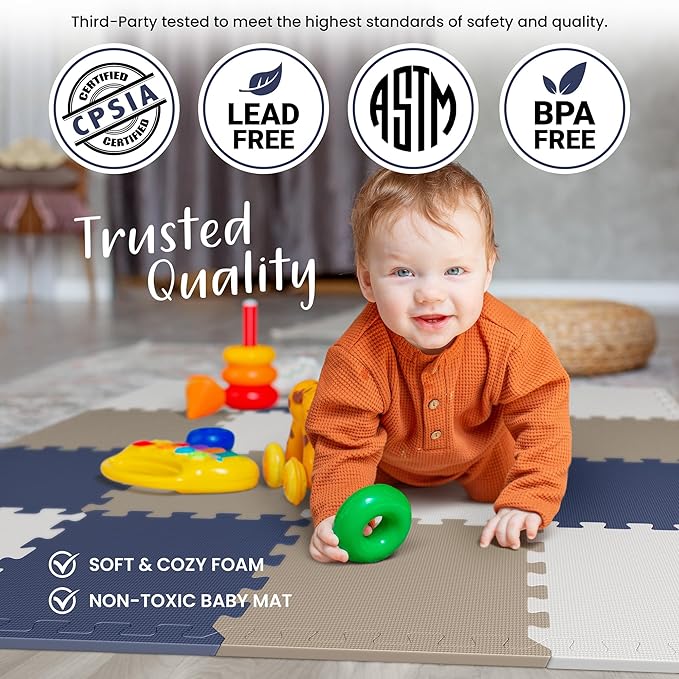16 Tiles with Borders | 12" x 12" Baby Play Mat Foam Puzzle Floor Tiles | Non-Toxic Soft Waterproof Interlocking EVA Playmat for Nursery Playroom Playpen Toddler Tummy Mat