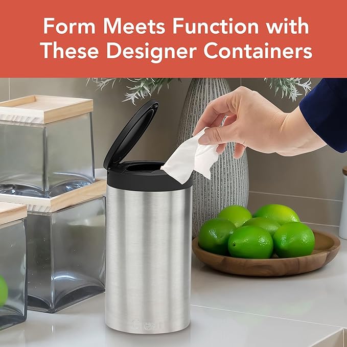 Spectrum Disinfecting Wipes Container Large Satin Nickel Refillable Stainless Steel Wipe Holder for Bathroom Kitchen Classroom, Reuseable Push Button Wet Wipe Dispenser for Cleaning Countertop