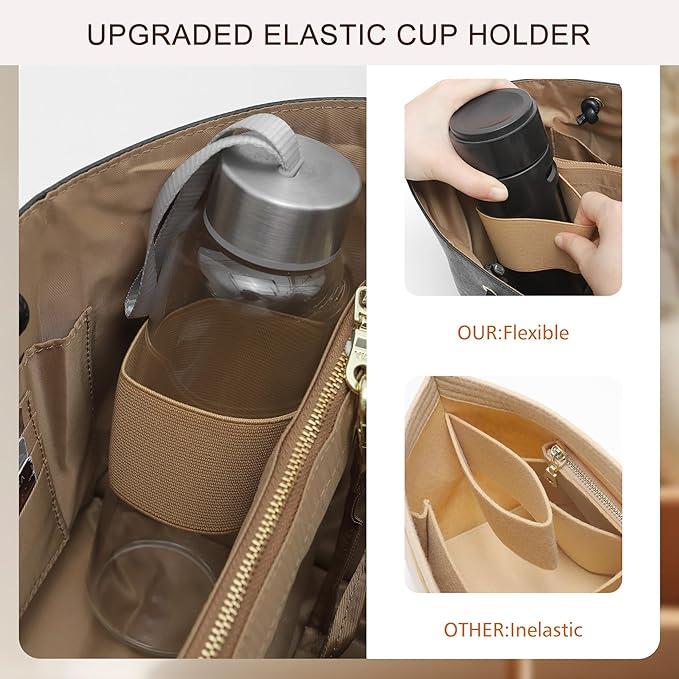 Doxo NEW Purse Organizer Insert for Longchamp LePliage Large,Fixed Handle, Bag Shaper with Key Leash& 16 Compartments, Upgraded Elastic Cup Holder(Black&Brown, L)