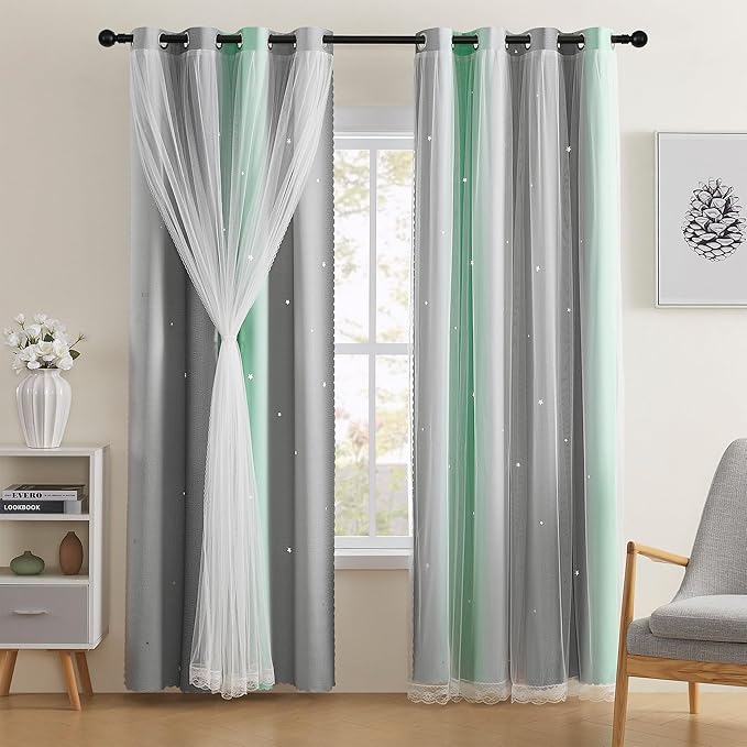 XiDi Green Grey Curtains for Girls Bedroom Decor Kids Blackout Curtains for Nursery Room Darkening Rainbow Princess Unicorn Wall Decals Little Girl Grommet Top 52x45 Inches Long 2 Panels Set
