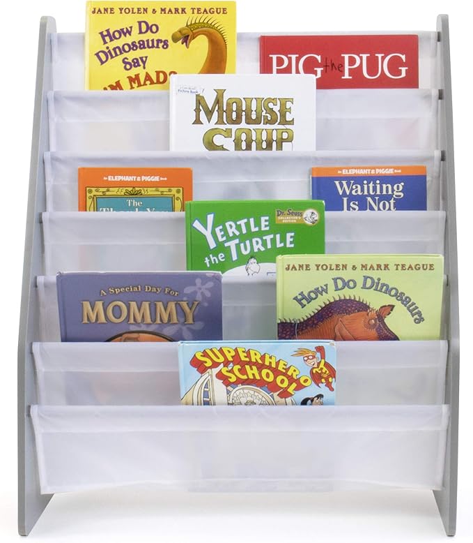 Humble Crew Kids Bookshelf 6-Tier Book Rack Organizer, Extra Large Toddler Bookcase with Fabric Storage Pockets, Front-Facing Display for Children’s Books, Grey/White, Nursery & Playroom Storage