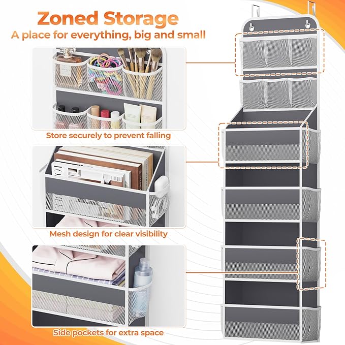 6-Tier Over The Door Organizer with Mesh Pockets, Baby Nursery Storage for Closet, Bathroom and Bedroom, Adjustable Hanging Closet Organizer for Cosmetics, Books and Essentials（Dark Grey）