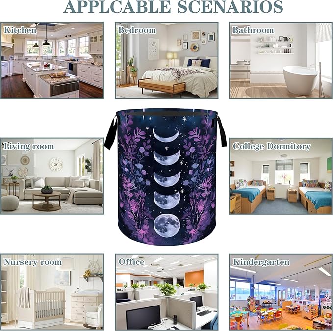 VODRM Moon Phase Floral with Starry Sky Laundry Basket, Dirty Collapsible Clothes Toy Organizer Hamper for Kids Adults, Oxford Cloth Waterproof Storage Bin for Room Bathroom Decor Gifts, 19.7"X15.7"