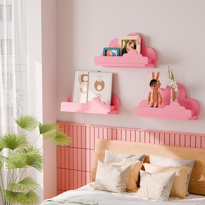 Cloud Shelves for Kid’s Room, 13’’ Long Nursery Wall Deor Set of 3, Pink Cloud Bookshelf Floating Shelf, Figure Shelf Wall Mounted, Cute Decorative Cloud Wall Shelf for Toys, Plants & Storage