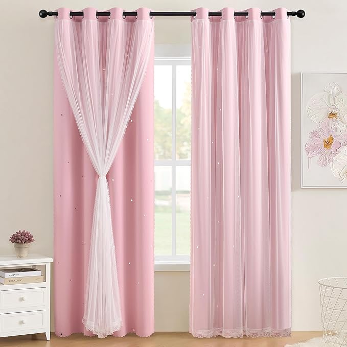 XiDi Pink Blackout Curtains with Sheer Overlay Mix and Match Double Layer 80% Room Darkening Window Treatment Set for Girls Bedroom Living Room Pink Star Drapes with Tiebacks Grommet Top 52" Wx96 Lx2