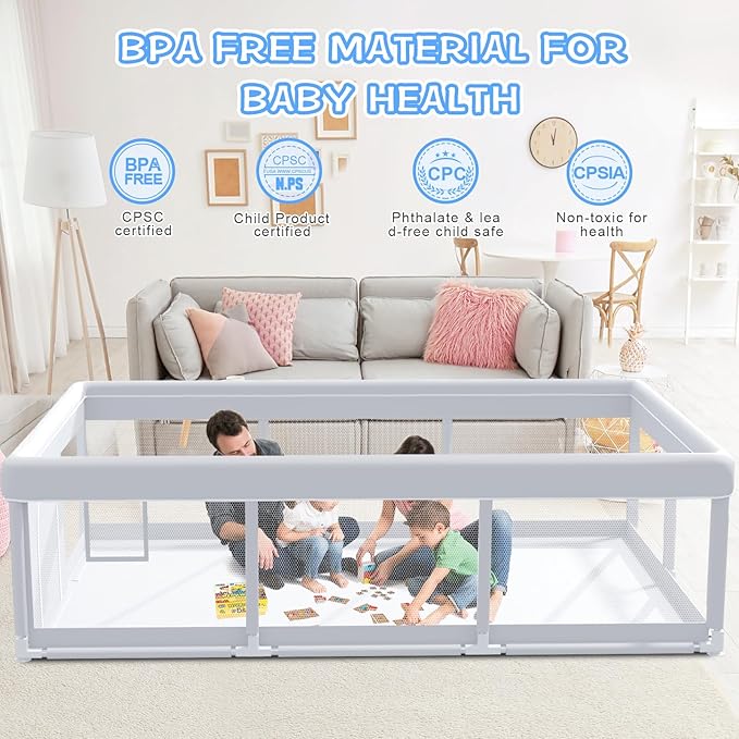 Baby Playpen 74 x 50 Inch Play Pen Playards, Playpen for Babies and Toddlers, Baby Playard for Indoor & Outdoor Active Center Game Fence, with Skin-Friendly Fabric and Soft Breathable Mesh Grey
