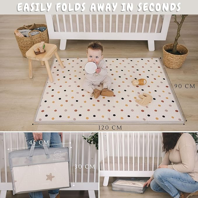 Bubba Bear Baby Play Mat, Thick Foam with Pattern Design, Foldable Waterproof Padded Crawling Mat for Babies (Beige Stars, 47 x 35 Inches)