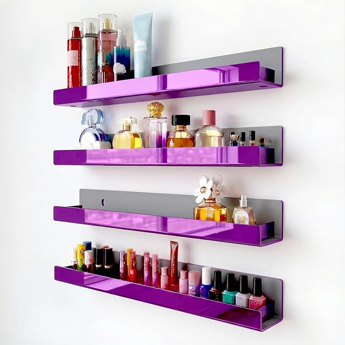 RORKIM 4 Pack 15 Inch Purple Reflective Acrylic Shelves, Purple Floating Shelves, Modern Sunglasses Essential Oil Picture Ledge Display Toy Storage Shelf