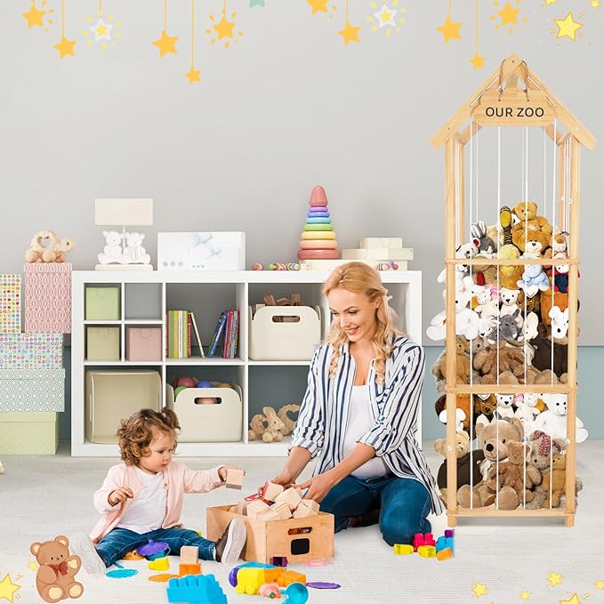 HOMIEE Stuffed Animal Storage Organizer, Wood Stuffed Animal Zoo Toy Holder for Playrooms, Bedrooms, Nursery Room