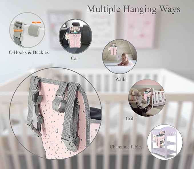Hanging Diaper Caddy - Baby Diaper Organizer for Changing Table - Diaper Stacker for Crib, Playard or Wall - Newborn Diaper Holder (Pink)