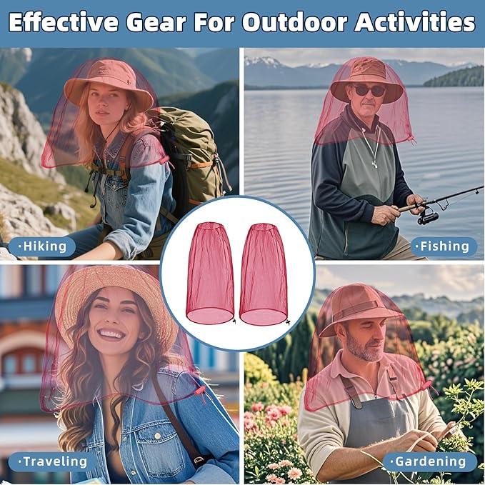 2 Pack Ultra Large Mosquito Net 42x25 Inches Mosquito Head Net Oversized Insect Netting Bug Fits Most Hats for Gardening Hiking Fishing Traveling(Pink)