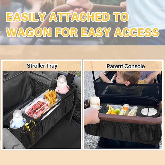 Wagon Parent Console Only Compatible with Wonderfold W4, Stroller Snack Tray, 2 Insulated Cup Holders, Black